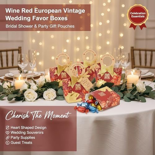 HannaFires 20-Pieces Wine Red Double Happiness Candy Boxes - European Vintage Floral Wedding Favor Boxes, Bridal Shower Party Gift Pouches, Chinese Wedding Souvenir Candy Packaging, Bags