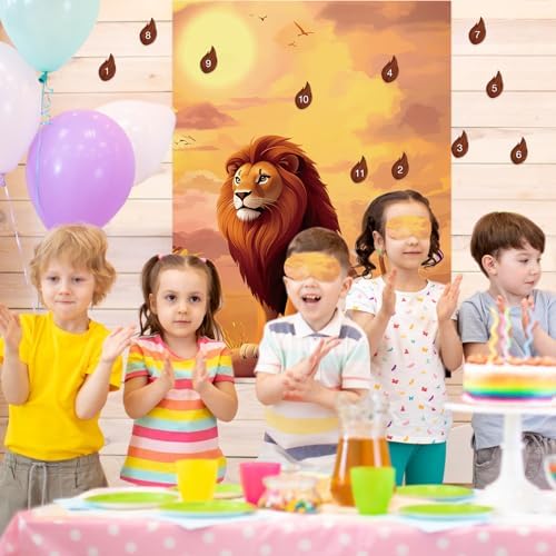 PLULON Pin The Tail on The Lion Safari Party Game for Kids, Birthday Games Big Poster with Tail Stickers for Zoo Animal Lion Party Favors Decorations Boys Birthday Jungle Party Supplies
