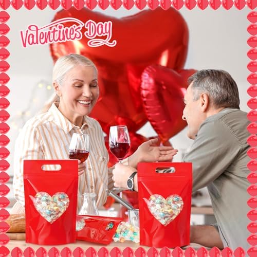 Engrowtic 100 Pcs Red Heart Treat Bags Resealable Red Zipper Bag with Heart Shaped Windows Plastic Gift Goodie Bags with Handles for Wedding Party Favor Supplies