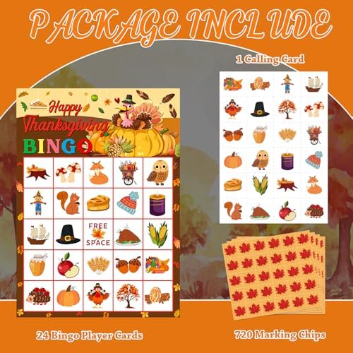 Thanksgiving Bingo Games for Kids Adults - 24 Players Turkey Bingo Cards - Happy Thanksgiving Party Games for Family Fall Autumn Activities Classroom Thanksgiving Gifts