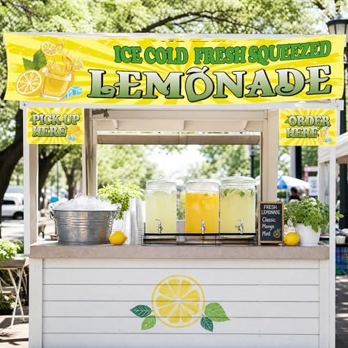 Fresh Lemonade Banner, Ice Cold Fresh Squeezed Lemonade Stand Banner, Summer Banner Order Here Pick up Here Signs for Indoor Outdoor Restaurant Truck Decorations