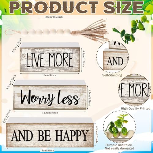 Moucuny 4 Pcs Inspirational Farmhouse Table Decor Rustic Stacked Wooden Block Sign - Live More Worry Less Be Happy Centerpieces Set with Beaded Tassel and Artificial Plant for Home, Office, Shelf Gift