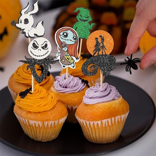 Rsstarxi 24 Pack Jack Skellington Halloween Cupcake Toppers Glitter Skull Ghost Cupcake Picks Decorations for Halloween Horrible Baby Shower Birthday Party Cake Decorations