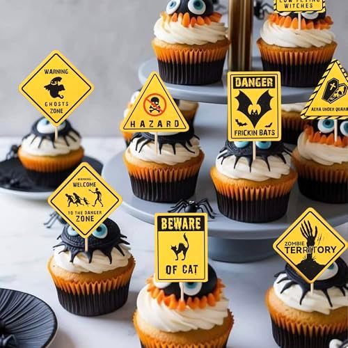 Rsstarxi 40 Pack Halloween Cupcake Toppers Beware Danger Ghost, Bat, Cat, Zombi Cupcake Picks Scary Halloween Decorations for Baby Shower Happy Boo Day Birthday Party Cake Decorations