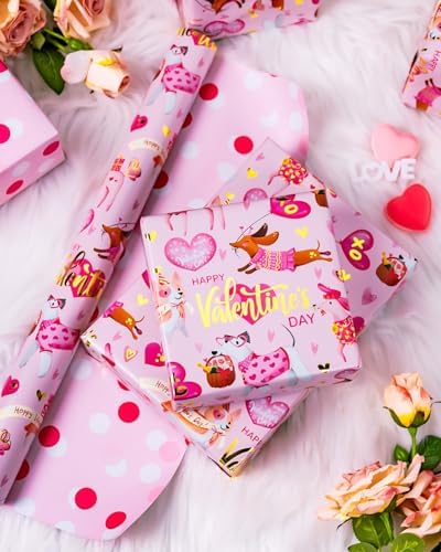 MAYPLUSS Valentines Day Wrapping Paper, Pink Heart Wrap Paper Cute Dog Gift Wrapping Roll for Girl Anniversaries Romantic Celebration, 17IN X 33FT