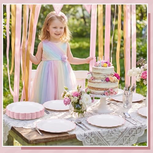 NatNarr 30 Pk Pink Paper Plates 7" Scalloped Pink White Dessert Cake Plates