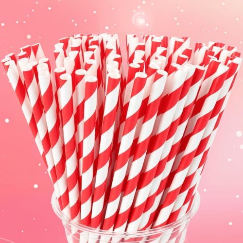 100 Packs Red Biodegradable Striped Paper Straws, Red and White Disposable Drinking Straws for Birthday Carnival Summer Pool Party Wedding Halloween Christmas Party Decoration Supplies