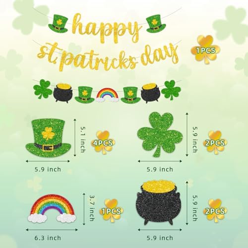 Pre-Strung Happy St. Patrick's Day Banner, Glitter Shamrock Garland with Leprechaun Hats, Rainbows & Clovers, St Patrick's Day Decorations for Party