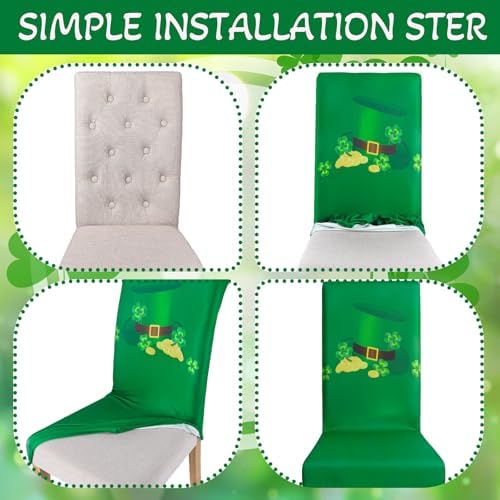 Mindsoft 6 Pcs St. Patrick's Day Chair Covers Green Clover Dining Protector Removable Seat Covers Washable Stretch Spring Slipcovers for Hotel Restaurant Party Wedding Holiday Decor