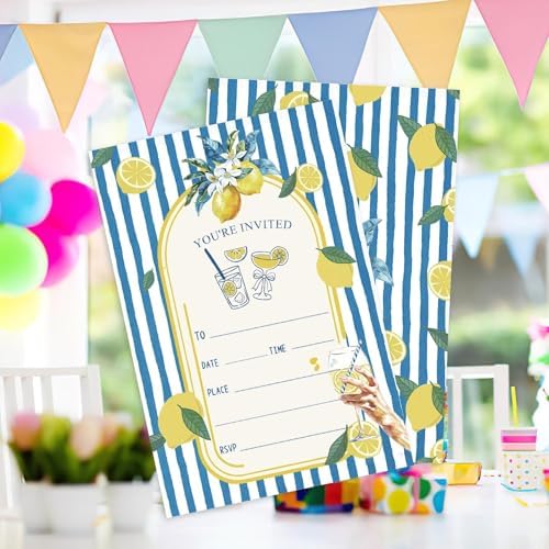 AEHIE 20 Sets Mediterranean Lemon Party Invitations With Envelopes, Summer Lemon Blue and White Striped Party Invitations Invite Cards for Women Ladies Adults