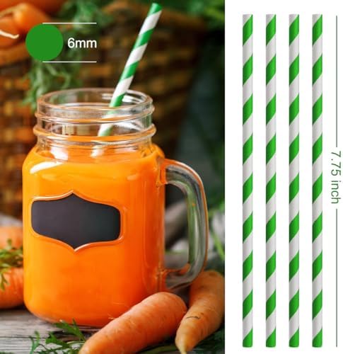 ALINK 100 Green and White Striped Paper Straws, Biodegradable Disposable Drinking Straws for Smoothie, Brithday, New Year, Party Decoration Supplies