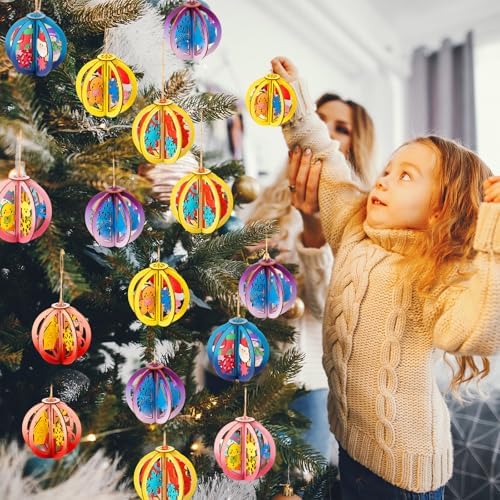 Chunful 72 Pcs DIY Christmas Wood Crafts to Paint 3D Unfinished Wooden Ornaments Christmas Hanging Cutouts Blank Hollow Wood Winter Snowflake House Holiday Wooden Slice for Xmas Tree Decorations