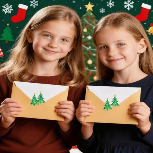500Pcs Christmas Tree Stickers Roll - Laser Christmas Tree Shape Self-Adhesive Sealing Stickers, Green Sparkly Waterproof Decals for Christmas Party Envelope Scrapbook Decor