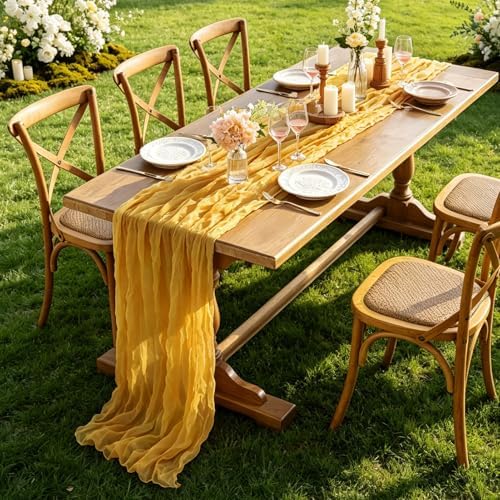 3Pcs Yellow Table Runner, 10FT Rustic Gauze Gold Table Runner 35*120inch Boho Table Runners for Wedding Bridal Shower Birthday Baby Shower Table Centerpiece Decorations