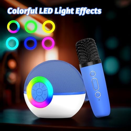 goopow Mini Karaoke Machine Speaker for Kids Adults, Portable Bluetooth Microphone Song Toys with LED Light, Best Chritmas Birthday Festival Gift for 3 4 5 6 7 8+ Year Old Girls Boys (Blue-2MIC)