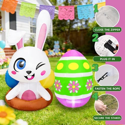 Set of 2PCS, 4FT H Spring Inflatable Bunny and Egg, Outdoor Easter Egg Hunting Sign Decorations, Cute Easter Blow up Winking Bunny & Giant Egg, Yard Decoration with LED Lights for Party Decor
