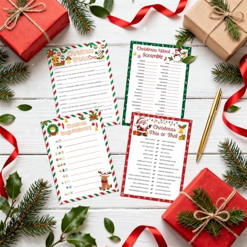 54 Pcs Christmas Party Games Card Set Merry Christmas Trivia Party Game Xmas Holiday Word Scramble Pictionary This or That Paper Cards for Family Adults Large Group Activities Supplies with Answer Key