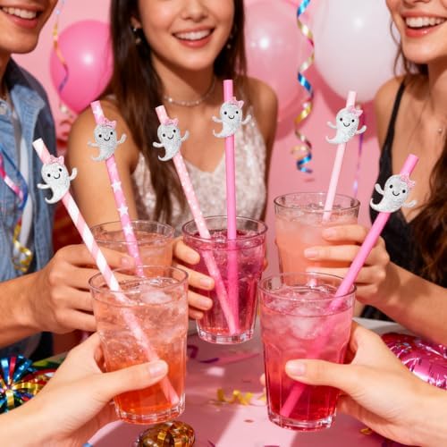 40Pcs Pink Halloween Paper Straws Cute Glitter Ghosts Girly Halloween Disposable Striped Wavy Dot Straws Bulk for Halloween Baby Shower Birthday Party Favors Supplies