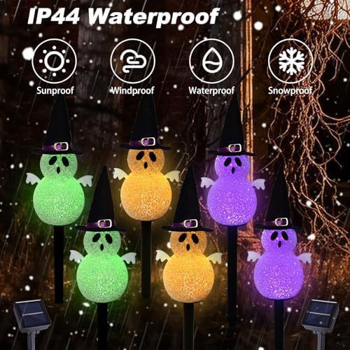BRIGHTDECK Halloween Solar Pathway Lights Outdoor, LED Decor, Light Up Solar Stake Lights for Holiday, Halloween, Walkway, Sidewalk (Multicolor Hat Ghost, 6-Pack)