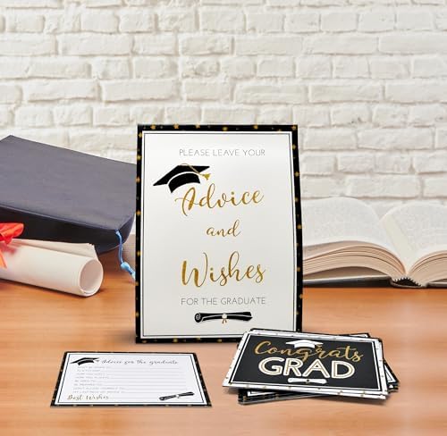 Gift Boutique 50 Graduation Advice Cards Double Sided with Table Sign Black and Gold Grad Party Guest Book Alternative