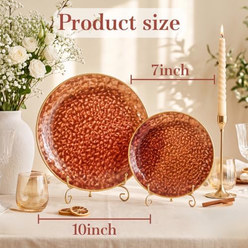 Rubtlamp 60Pcs Amber Plastic Plates - Brown Disposable Plates With Gold Rim, Clear Heavy-duty Party Plates, Hammered Plates Include 30 Dessert Platos, 30 Dinner Platos for Party