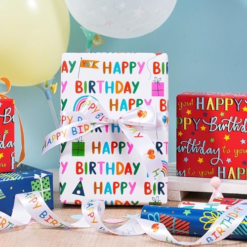 WRAPAHOLIC Birthday Wrapping Paper Roll - 3 Mini Rolls - 17 Inch x 120 Inch Per Roll - Gift Box and Happy Birthday Wrapping Paper for Boys Girls Kids, Baby Shower