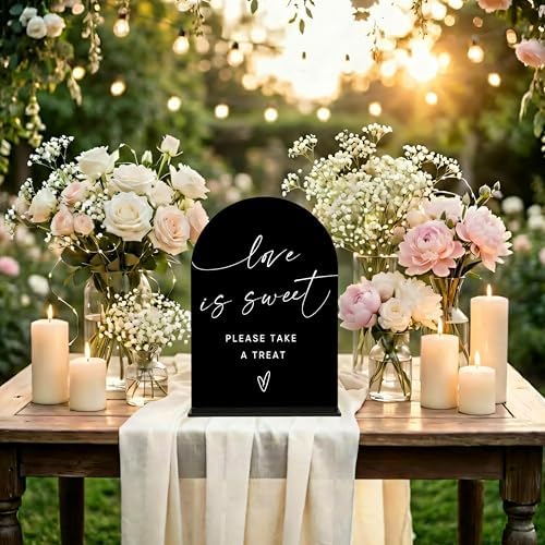 Love Is Sweet Sign for Wedding Decoration, Wedding Signs for Ceremony and Reception, Bridal Shower Decor, Bridal Shower Centerpieces For Tables, Engagement Party Decor, Black Arch Acrylic Sign, 01