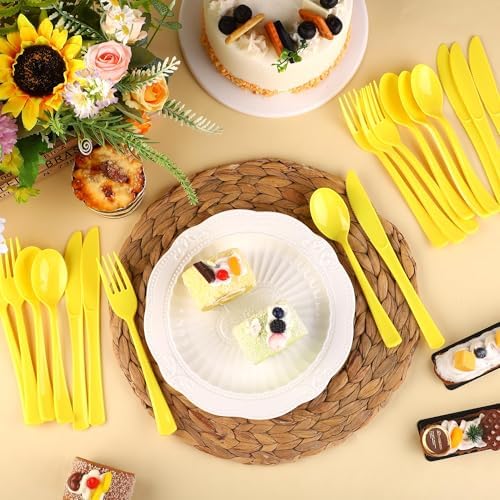 Kochorie 300 Pieces Yellow Plastic Silverware, Disposable Plastic Utensils