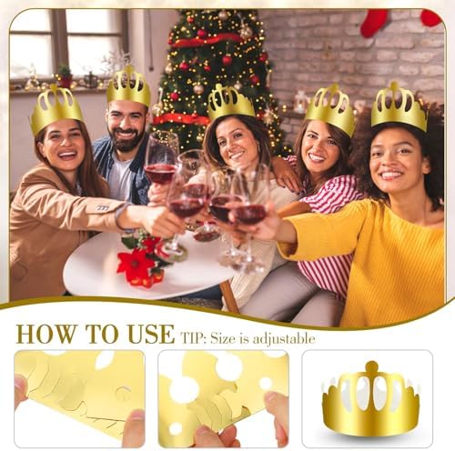 Crtiin 100 Pcs Gold Paper Crowns Bulk for Adult Kids Party, Round Style