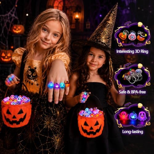 Tiaxidex 55PCS Halloween Treats Light Up LED Rings, Non Candy Halloween Trick or Treats 3D Flashing Rings Toys Glow In the Dark Party Favor Ring Toy Gifts For Kids Adults Goodie Bag Stuffers