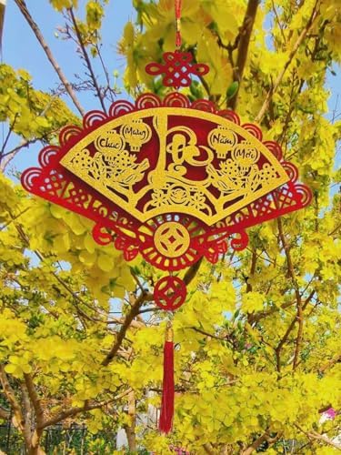 Vietnamese Red Velvet Fans with Gold Calligraphy, 3 Pieces TET Phuc LOC Lunar New Year Wall Decorations/Vietnamese Lunar New Year Decoration/Set Quat Trang Tri TET (3 Pieces)