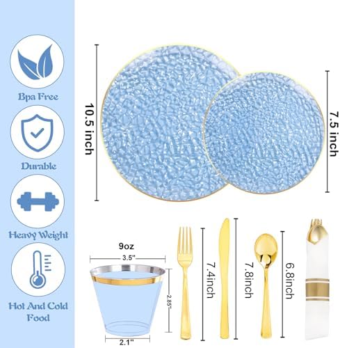 Rubtlamp 100 Guest Blue Gold Plastic Dinnerware Set,Clear Blue Disposable With Gold Rim, Hammer Fancy Party Plates Include 100Dinner Platos,100Cake Platos,100Cups,100 Pre Rolled gold Cutlery
