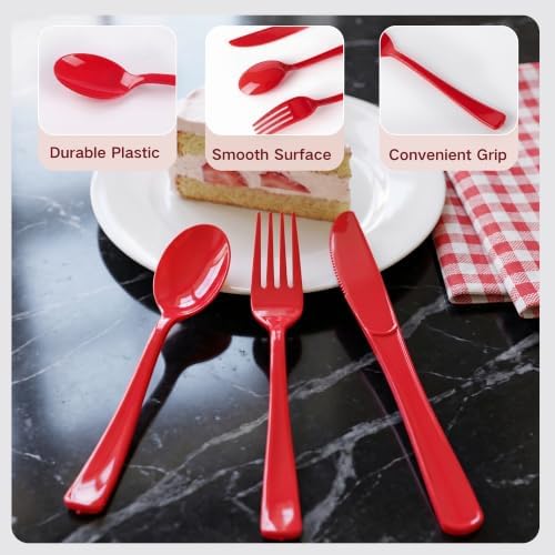 300Pcs Red Plastic Silverware Set, Full Size Disposable for Dinner