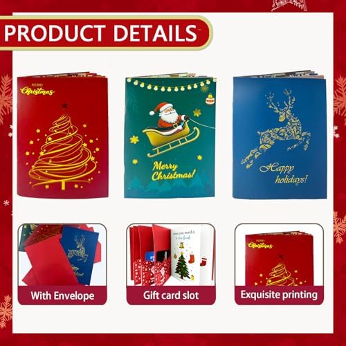 3 Set/18 Slots Christmas Gift Card Booklet Bulk with Envelopes, Xmas Money Holder & Gift Card Holder Book（reindeer, Santa Claus, Christmas tree）, Holiday Party Supplies for Teacher Coworker Men Women