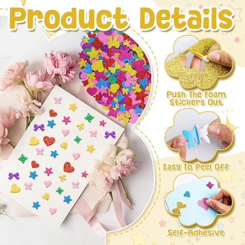 Foam Stickers, 875 PCS Glitter Foam Heart Star Bow Shapes Stickers,7 Colors