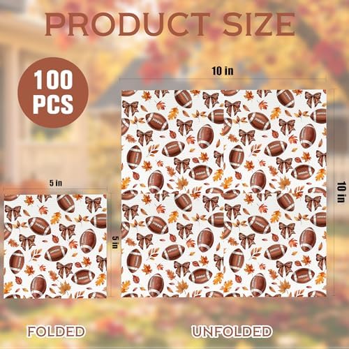 100 Pcs Fall Football Bow Disposable Paper Napkins, 2-Ply Absorbent Decorative Napkins, Autumn Sports Theme Tableware Supplies for Football Game Day, Harvest Thanksgiving Dinner, Holiday Celebrations