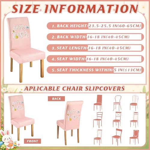 Mindsoft 6 Pcs Easter Chair Covers Print Eggs Hunt Happy Bunny Removable Seat Covers Protector Washable Stretch Spring Slipcovers for Easter Spring Hotel Restaurant Party Banquet