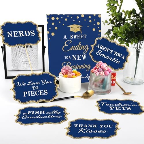Graduation Candy Buffet Labels for Grad Party Decorations, Graduation Candy Bar Dessert Food Label Signs Set, Class of 2026 Grad Parties Table Decor Supplies (Blue and Gold)