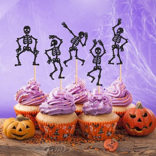 25Pcs Glitter Black Skeleton Cupcake Toppers Human Dance Skeleton Cupcake Picks for Halloween Party Decorations Horror Halloween Boys Girls Goth Birthday Wedding Cupcake Decorations