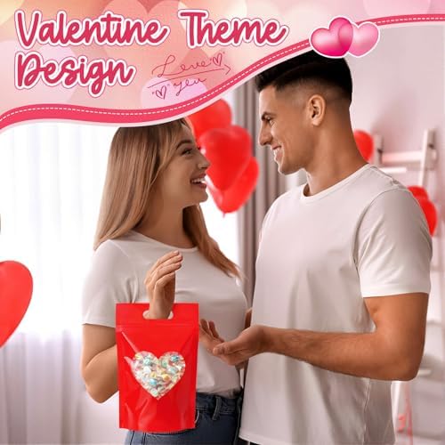Engrowtic 100 Pcs Red Heart Treat Bags Resealable Red Zipper Bag with Heart Shaped Windows Plastic Gift Goodie Bags with Handles for Wedding Party Favor Supplies