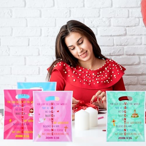 EUVBOKW 100 Pcs Religious Valentine's Day Gift Bags,Valentine Treat Bags John 3:16 Bible Verse Christian Party Favors,Ideal for Classroom and Sunday School