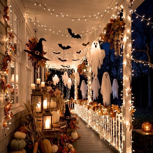 18 Pcs Halloween Hanging Ghost Bats Decorations with LED Light