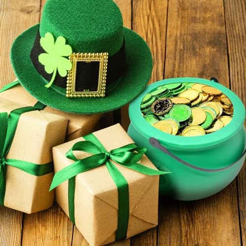 8 Inch Plastic Green Cauldron Kettle for St. Patrick's Day and Halloween, Large Pot of Gold Bucket for Table Decorations, Centerpieces, Trick or Treat & St. Paddy's Party Supplies