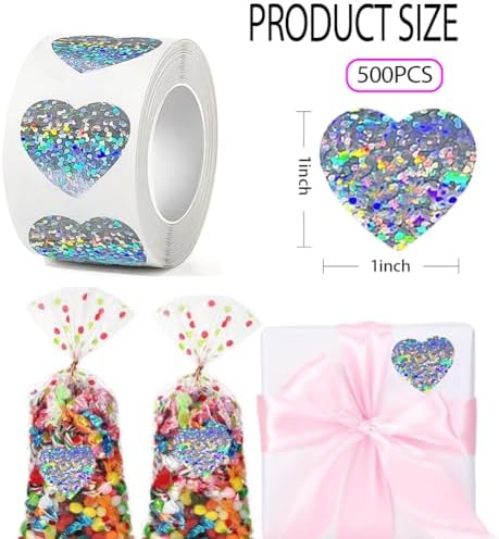 500Pcs Heart Stickers 1In Valentines Day Silver Love Stickers Glitter Heart Shaped Sticker for Kids Reward Classroom Self Adhesive Incentive Sticker for Envelope Seal Birthday Gift Decorations