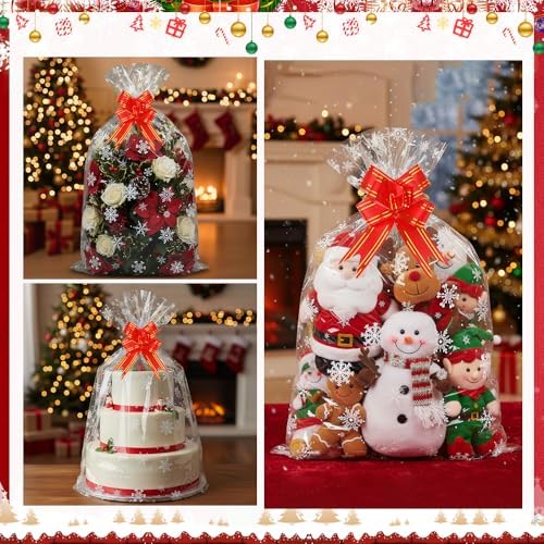 15 Sets Large Christmas Cellophane Bags(20x28 Inch) with Pull Bows Clear Snowflake Xmas Gift Goodie Basket Stocking Stuffers Wrap Holiday Christmas Birthday Party Decorations Favors Supplies Baggies
