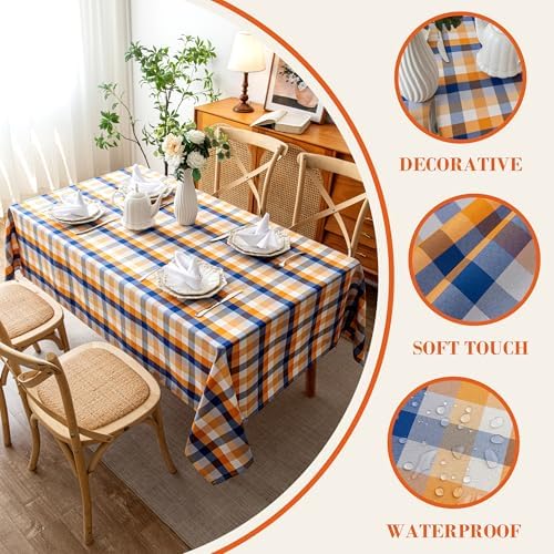 Fall Plaid Waterproof Tablecloth – Orange, Blue & White Check Pattern – Thanksgiving Harvest Table Cover, Stain-Resistant & Durable, W60 x L60 in
