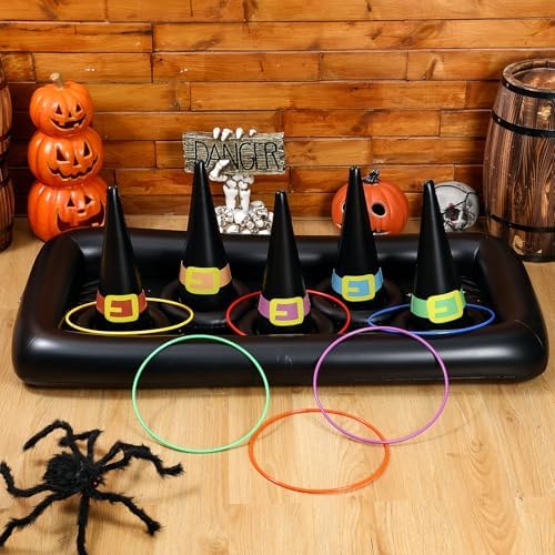 Soulchen Giant Halloween Ring Toss Games Carnival Games Inflatable Witch Hat Ring Toss with Weighted Bottom Witch Hat Rings for Kids Adults Halloween Party Carnival Classroom Outdoor Indoor School