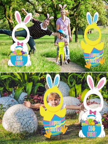 2 PCS Easter Yard Signs Large 35.35x15.35 Inch, Bunny & Chick Faces Outdoor Waterproof Easter Decorations, Spring Garden Lawn Decor for Egg Hunt, Family Photos, Party Supplies (2)