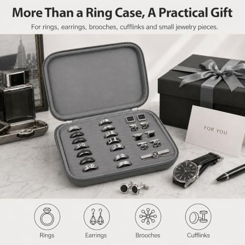 GWCASE Ring Organizer Box, 42-Slot Hard Shell Case, Holds 50+ Pieces, Gray