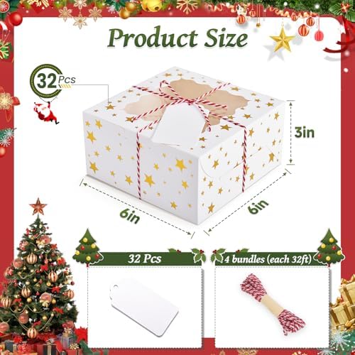 32Pcs 9x6x3 in Christmas Cookie Boxes with Window, White Gold-Star